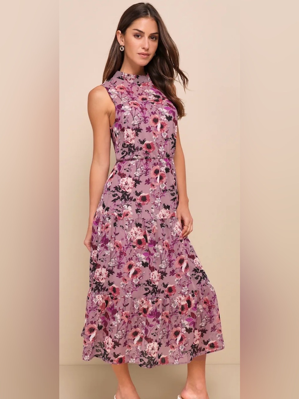 Lulus In My Dreams Mauve Floral Print Midi Dress NWT M